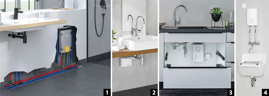 Wählen Sie für jede Anwendung den passenden E-Durchlauferhitzer:  1 = ISX im Bad, 2 = MCX unter dem Handwaschbecken im Gäste-WC, 3 = CEX-U unter der Küchenspüle, 4 = CEX über dem Ausgussbecken